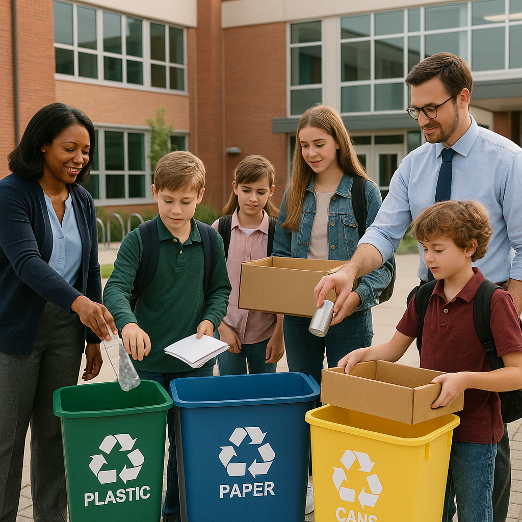 Recycling at School School staff and students placing recyclables in labeled bins outside a clean and organized school building.