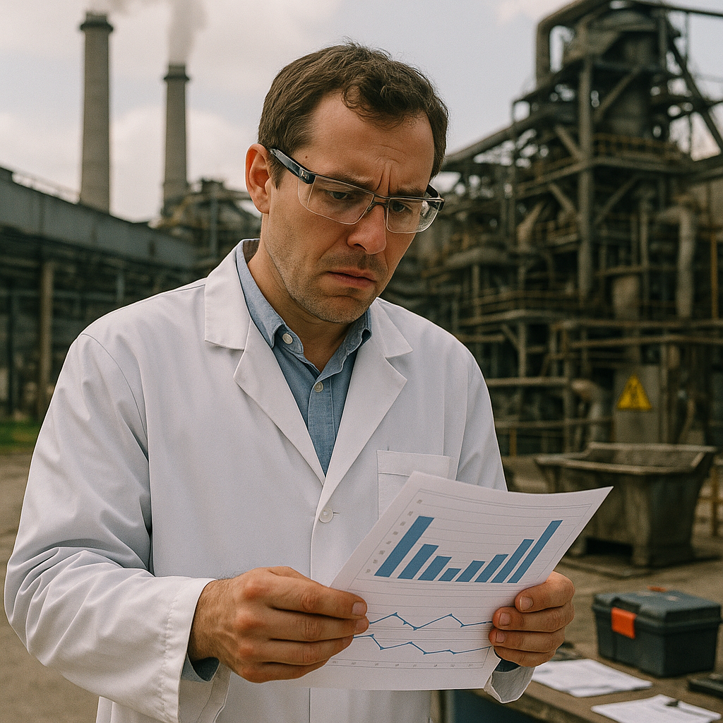 Scientist Analyzing Carbon Emissions Scientist examining carbon emissions from an aluminum smelter, showing a concerned expression with data charts visible.