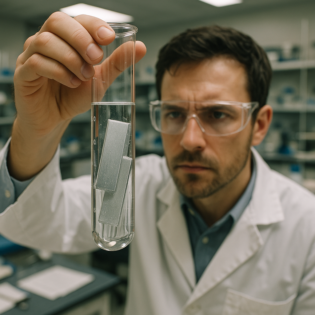 Scientist Examining Aluminum Samples Scientist in lab coat examining aluminum samples in chemical solution in an advanced laboratory setting
