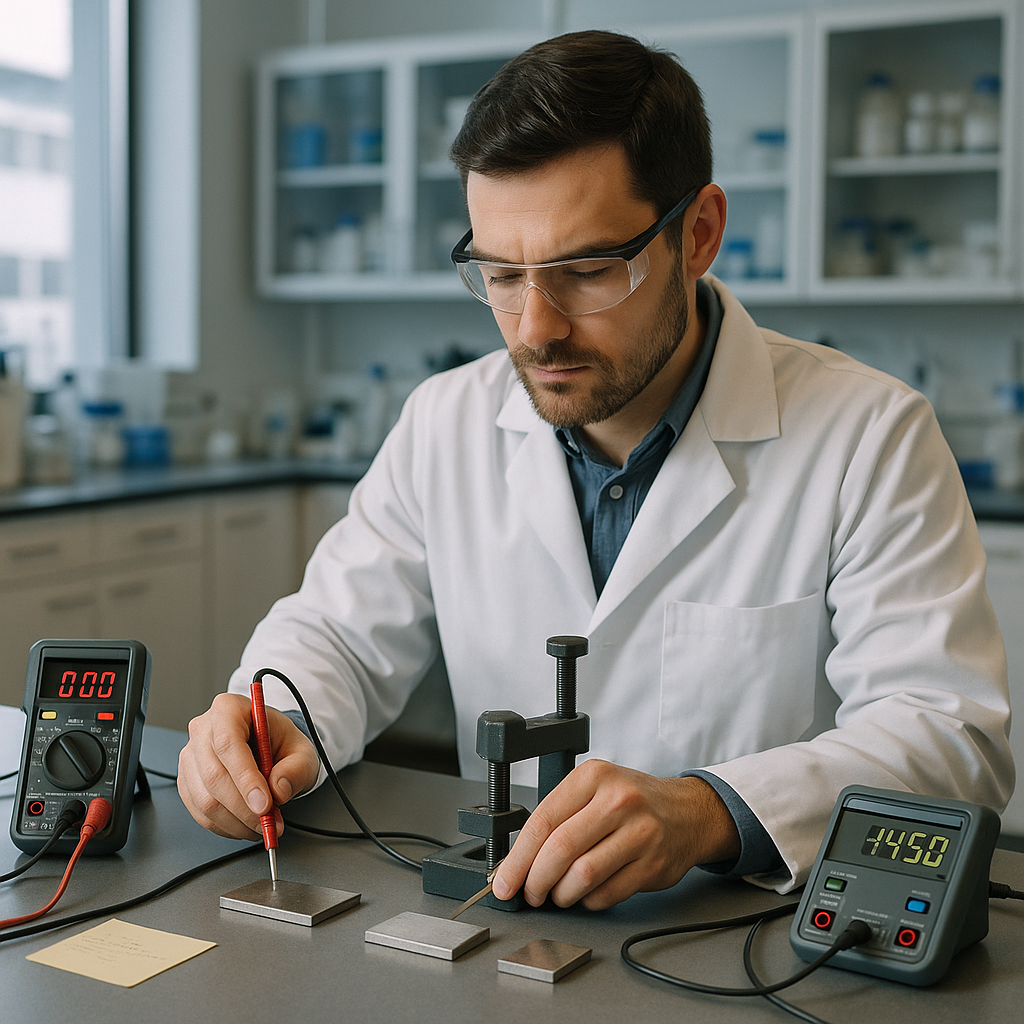 Scientist Testing Metal Samples Scientist conducting tests on metal samples in a modern lab measuring conductivity, malleability, and strength.