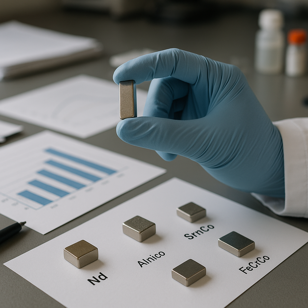 Scientist with Samarium Cobalt Magnet Close-up of a gloved scientist holding a small shiny samarium cobalt magnet, with digital charts and labeled magnet samples on a laboratory table.
