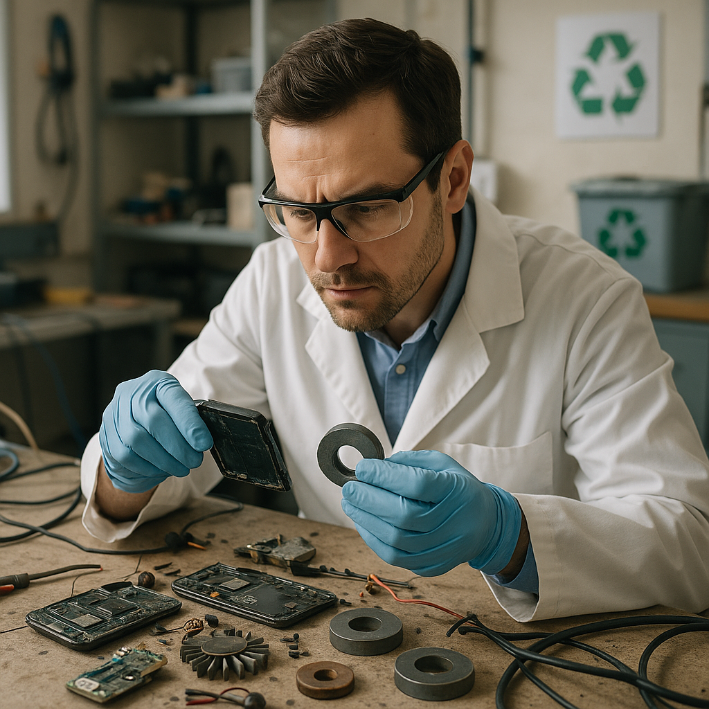 Scientist Recycling Electronics and Magnets Scientist examining broken electronic devices and magnets on a laboratory workbench, recycling symbols visible.