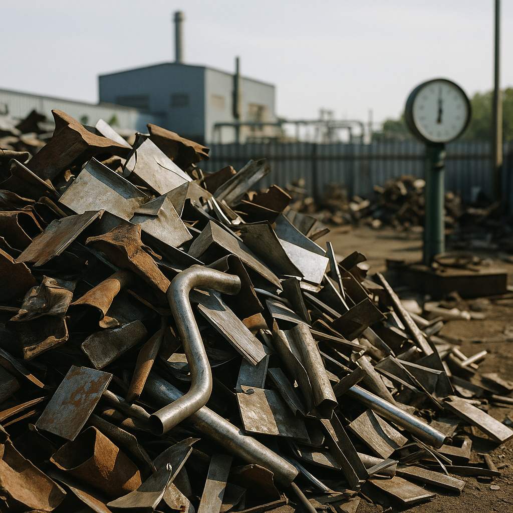 Assorted Scrap Metal at Recycling Yard A pile of assorted scrap metal pieces at a recycling yard, with a factory and weighing scale in the background, illuminated by sunlight highlighting various metal textures.