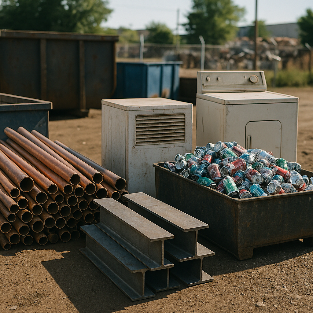 Sorted Metal Objects at Scrap Yard A variety of metal objects including copper pipes, steel beams, aluminum cans, and old appliances neatly sorted at a scrap yard.