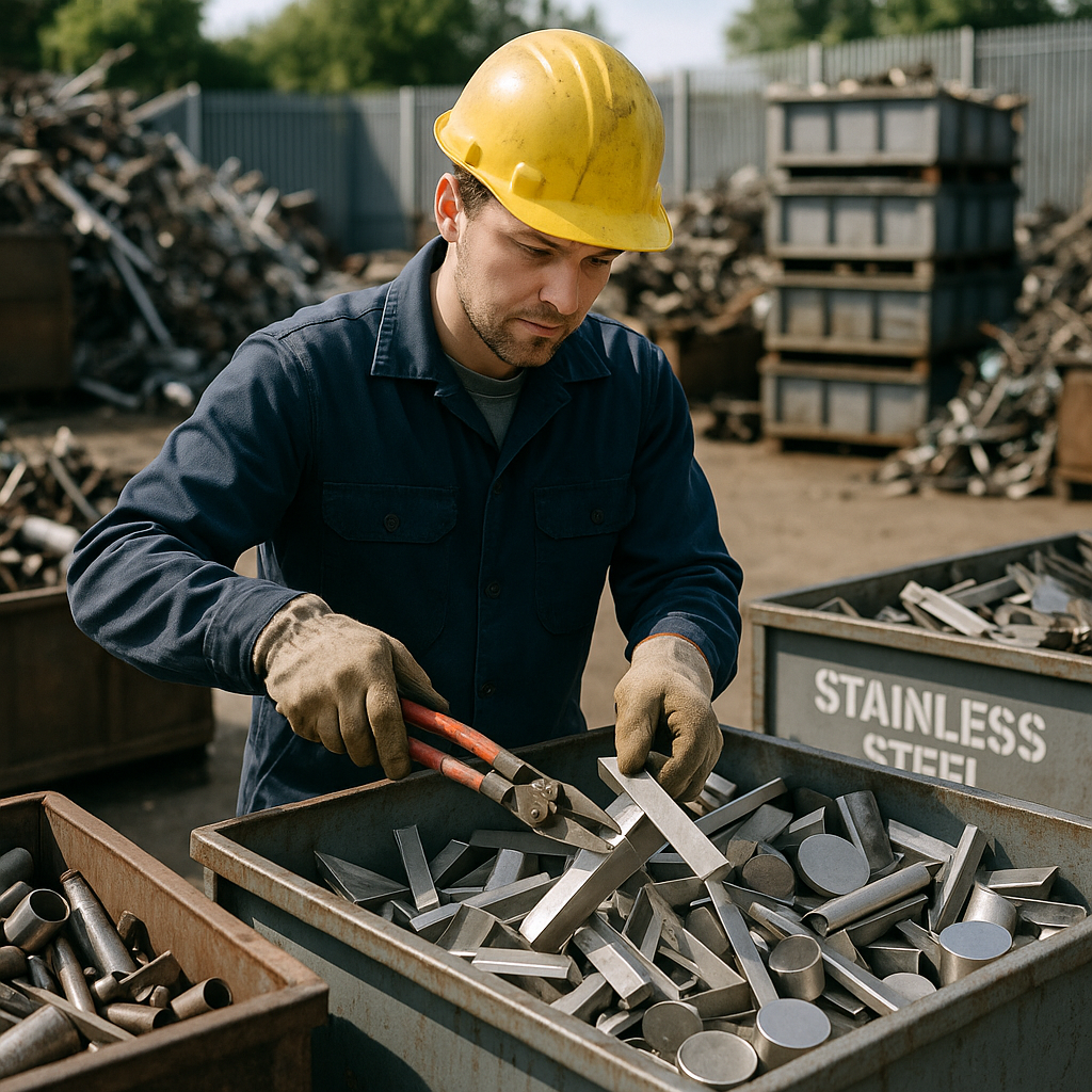 A worker in a scrap yard sorting stainless steel pieces into bins under bright daylight, demonstrating efficient organization.
