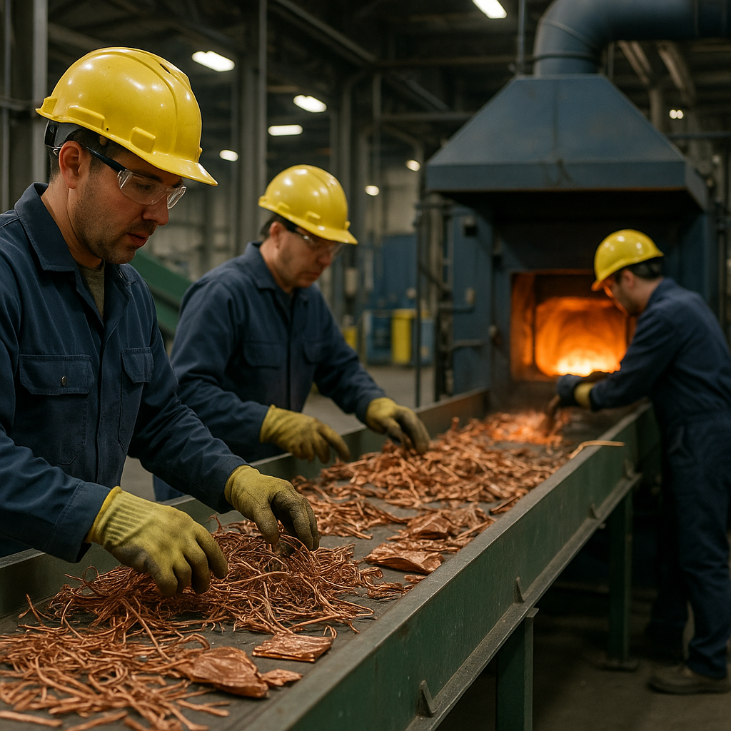 Scrap Copper Recycling Process Workers operating machinery sorting and melting scrap copper in a modern recycling facility with safety gear visible.