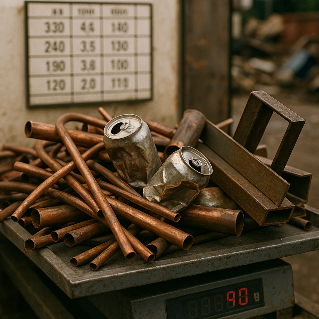 Scrap Metal Collection at Junkyard Close-up of various scrap metal pieces including copper pipes, aluminum cans, and steel beams on a scale at a junkyard with a price chart in the background.