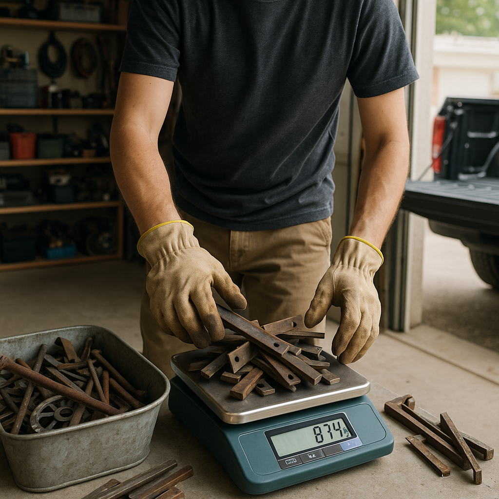 Sorting Scrap Metal in Garage Person sorting and cleaning scrap metal in a tidy garage, weighing metals on a scale, ready to load into a pickup truck
