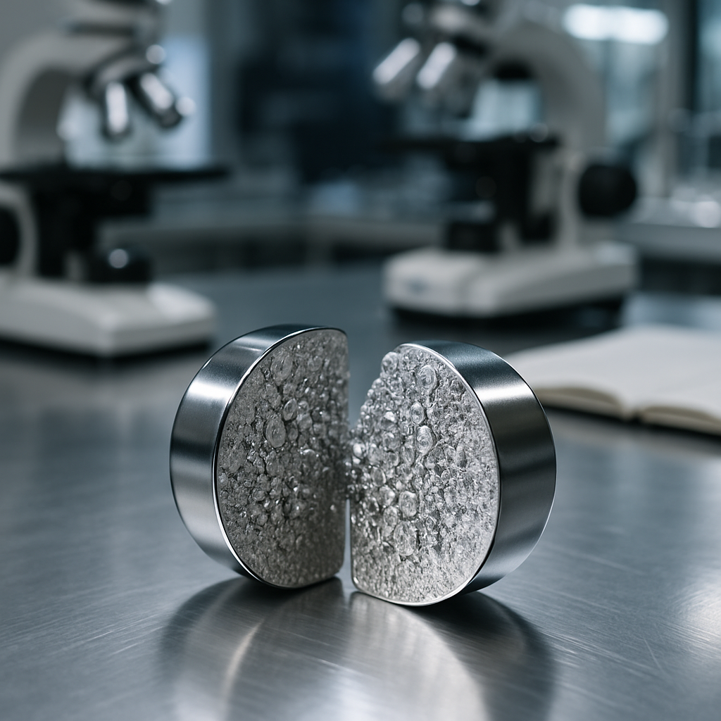 Neodymium Magnet Cross-Section Close-up of a shiny neodymium magnet cut in half, revealing metallic layers and crystalline structure under laboratory lighting.