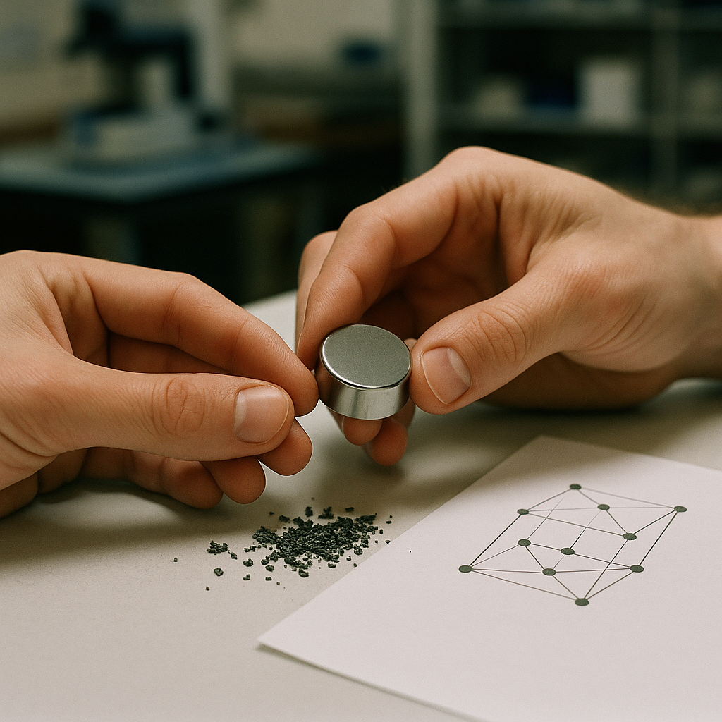 Close-up of Neodymium Magnet with Metallic Fragments Close-up of hands holding a shiny neodymium magnet with metallic fragments and a crystal lattice diagram on the table in a laboratory background.
