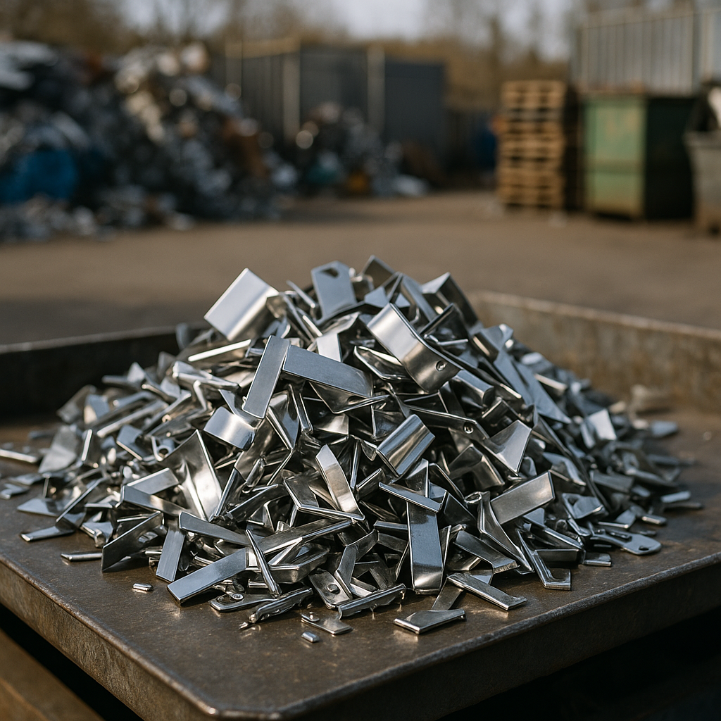 Close-up of shiny stainless steel scrap pieces reflecting sunlight in a recycling yard.