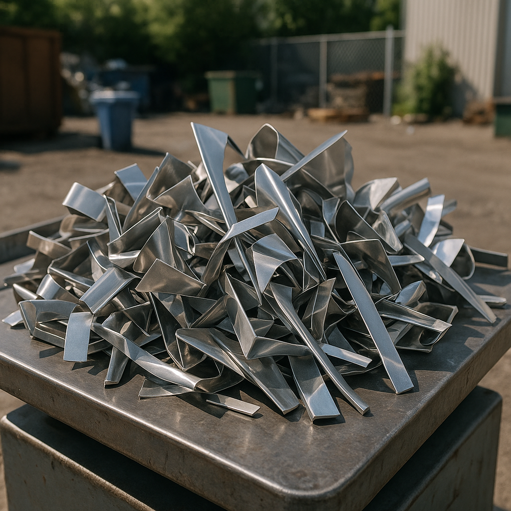 Close-up of shiny stainless steel scrap pieces with sunlight reflecting on metal surfaces in a recycling yard.