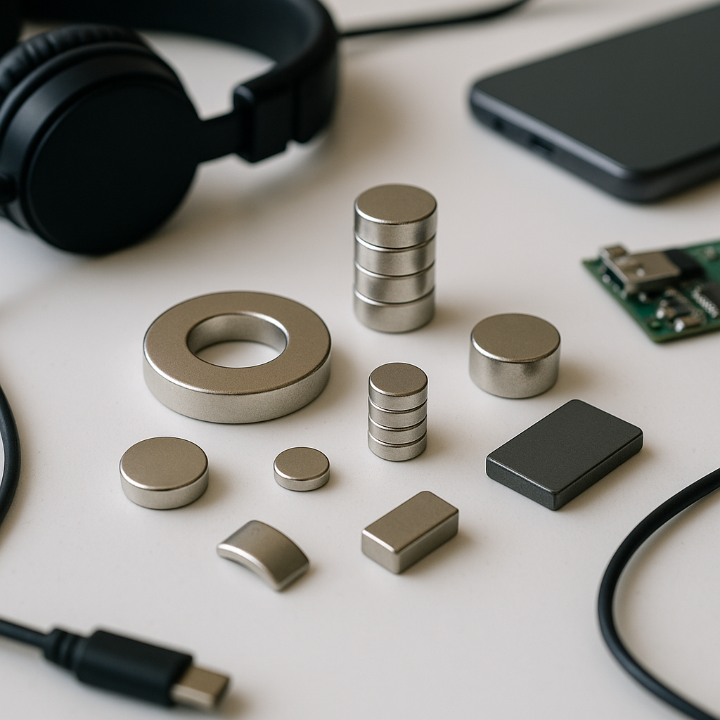 Close-up of various small magnets of different shapes and sizes displayed on a white background with gadgets, headphones, and electronic components nearby.