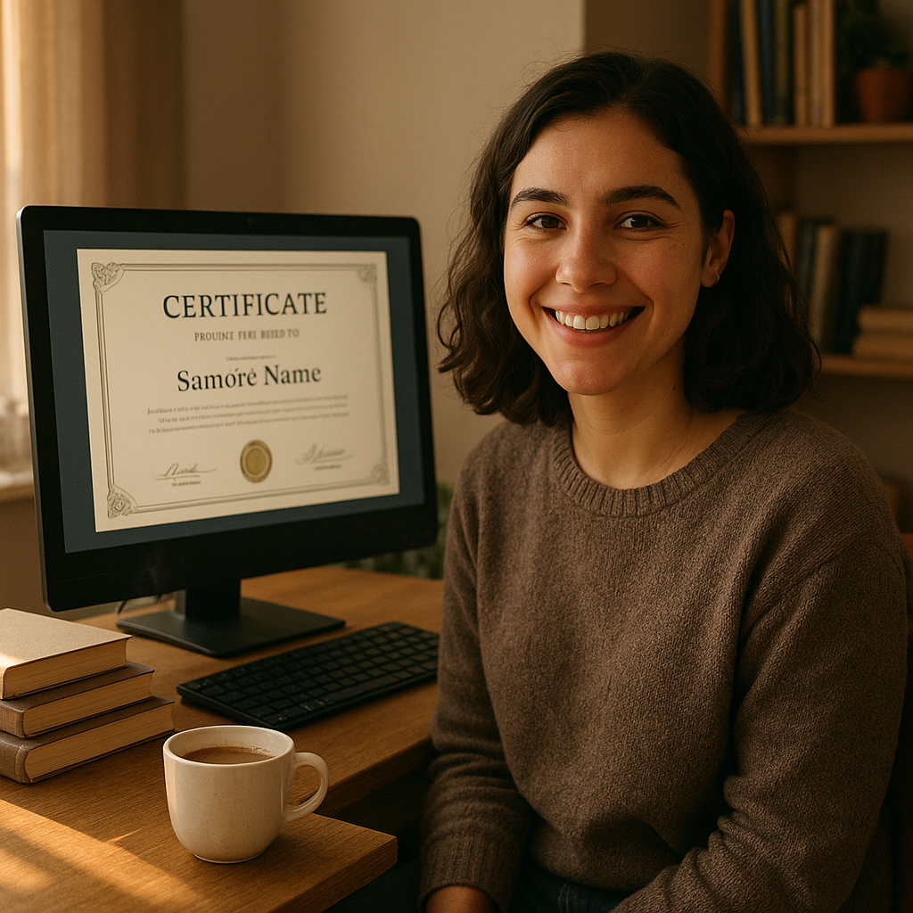 Smiling Learner with Certificate Smiling learner at home desk with certificate displayed on screen, surrounded by books and a cup of coffee.