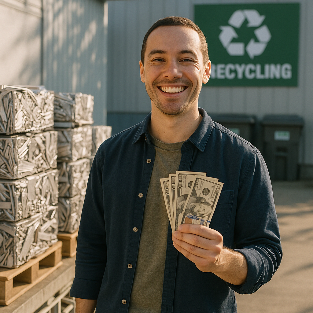 Smiling person holding payout cash beside neatly sorted aluminum scrap at a recycling center.
