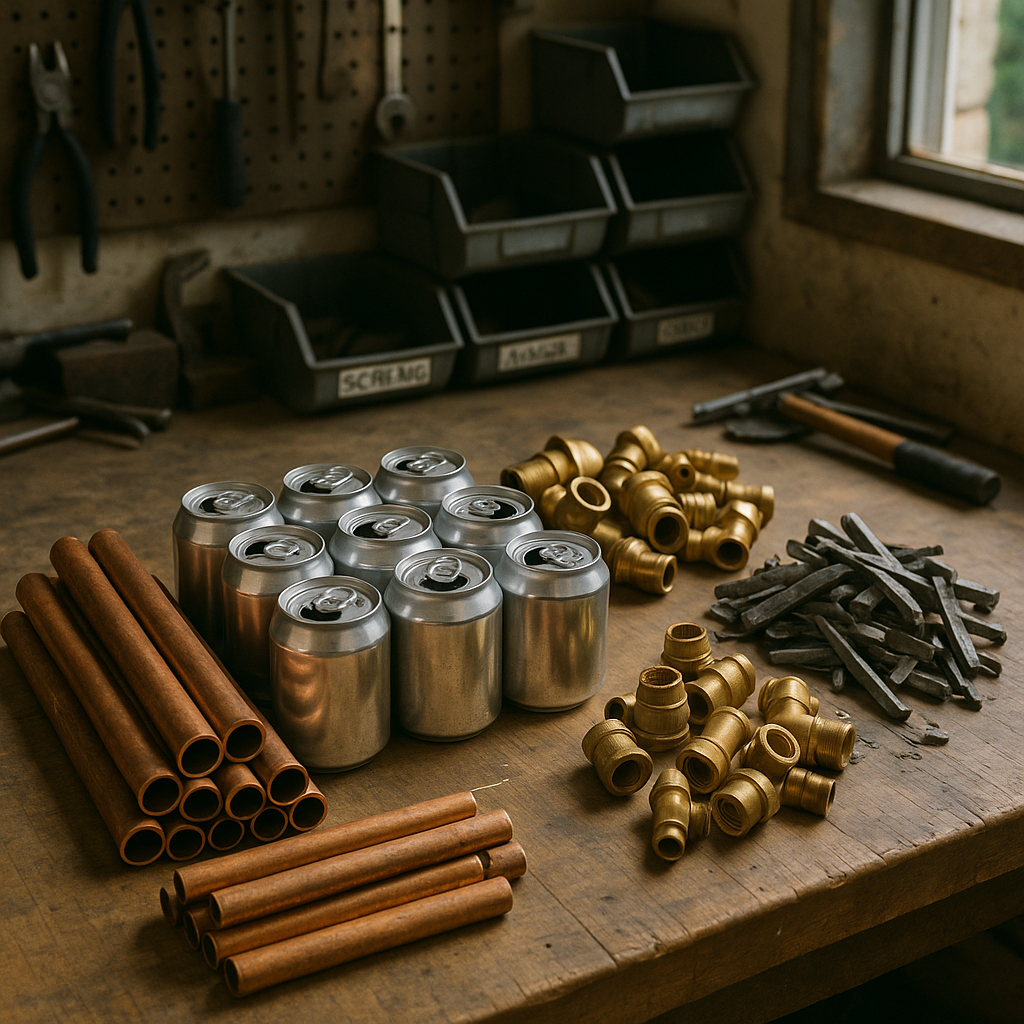 Sorted Metal Objects on Workshop Table Various sorted metal objects including copper pipes, aluminum cans, brass fittings, and steel scrap displayed on a workshop table with natural lighting.