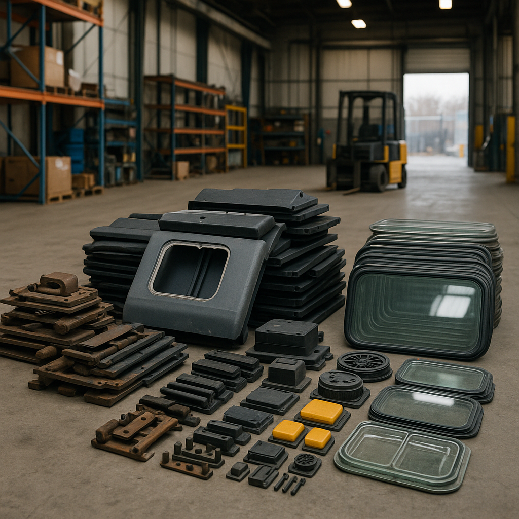 Sorted Piles of Train Parts Sorted piles of metal, plastic, and glass parts removed from a decommissioned train, organized on a warehouse floor.