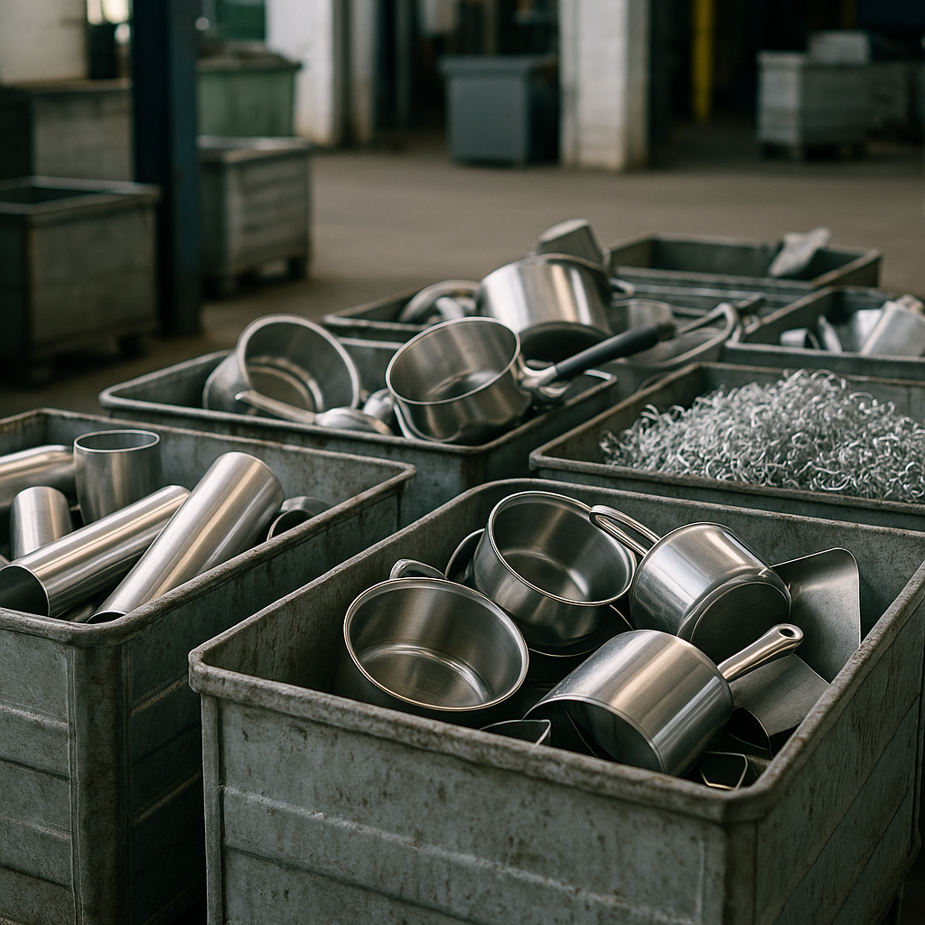Variety of Stainless Steel Scrap at Recycling Facility A variety of stainless steel scrap pieces, including pipes, kitchenware, and industrial shavings, sorted in bins at a recycling facility with daylight streaming in.