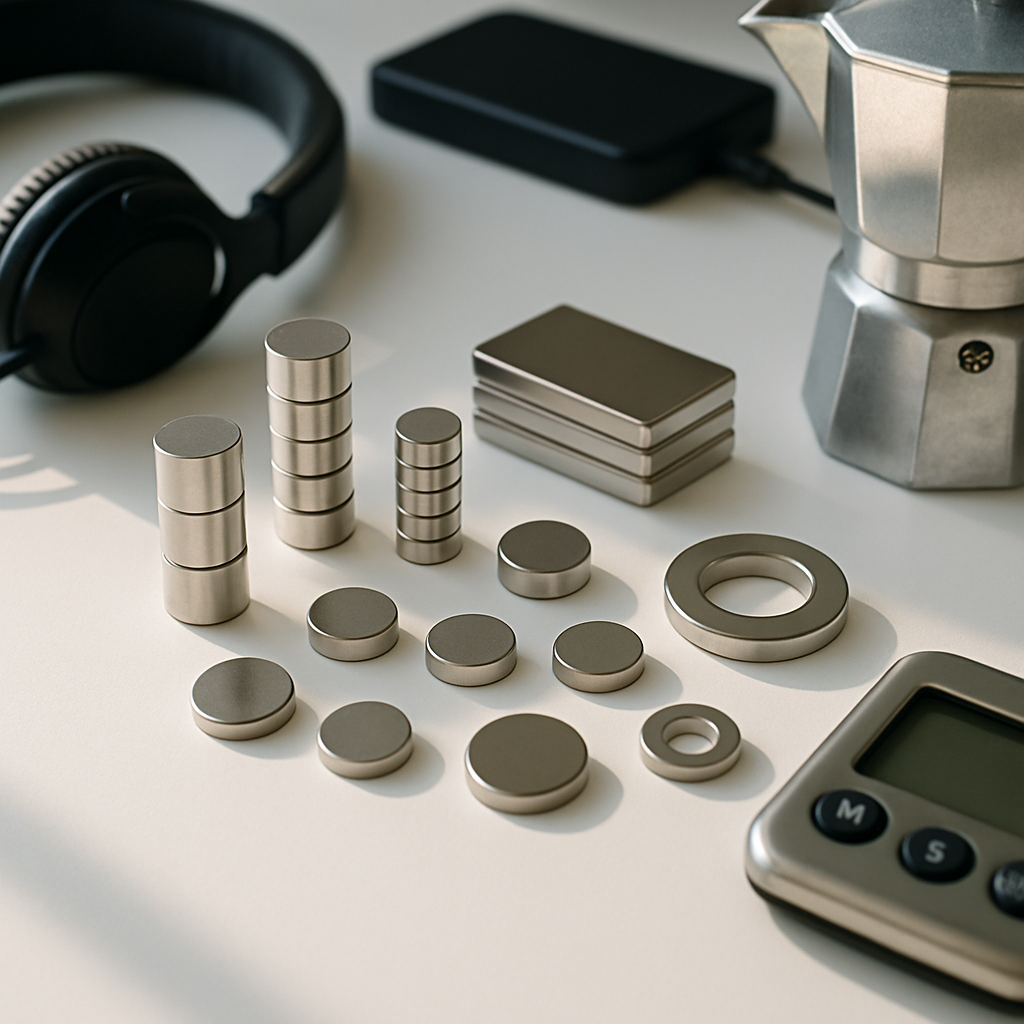 A variety of small strong magnets in different shapes and sizes arranged beside everyday objects like headphones, electronics, and kitchen gadgets on a white table.