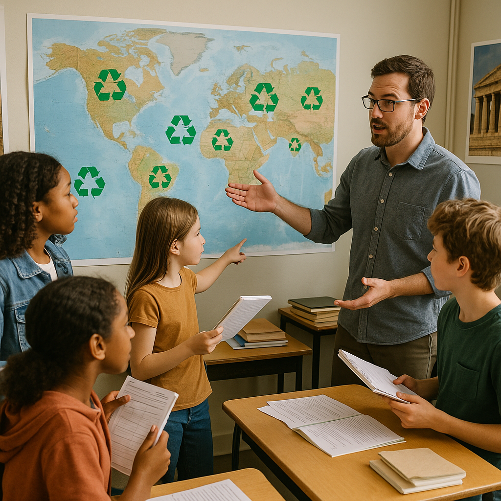 Social Studies Classroom Discussion on Recycling Students in a social studies classroom examining a world map with recycling symbols, discussing global recycling practices with their teacher.