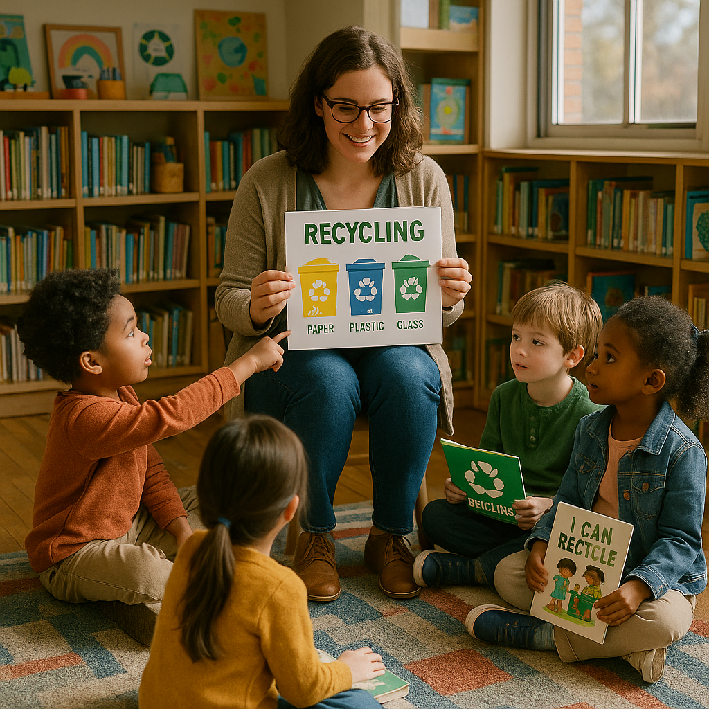 Teacher showing children educational recycling posters and books in a cozy classroom library