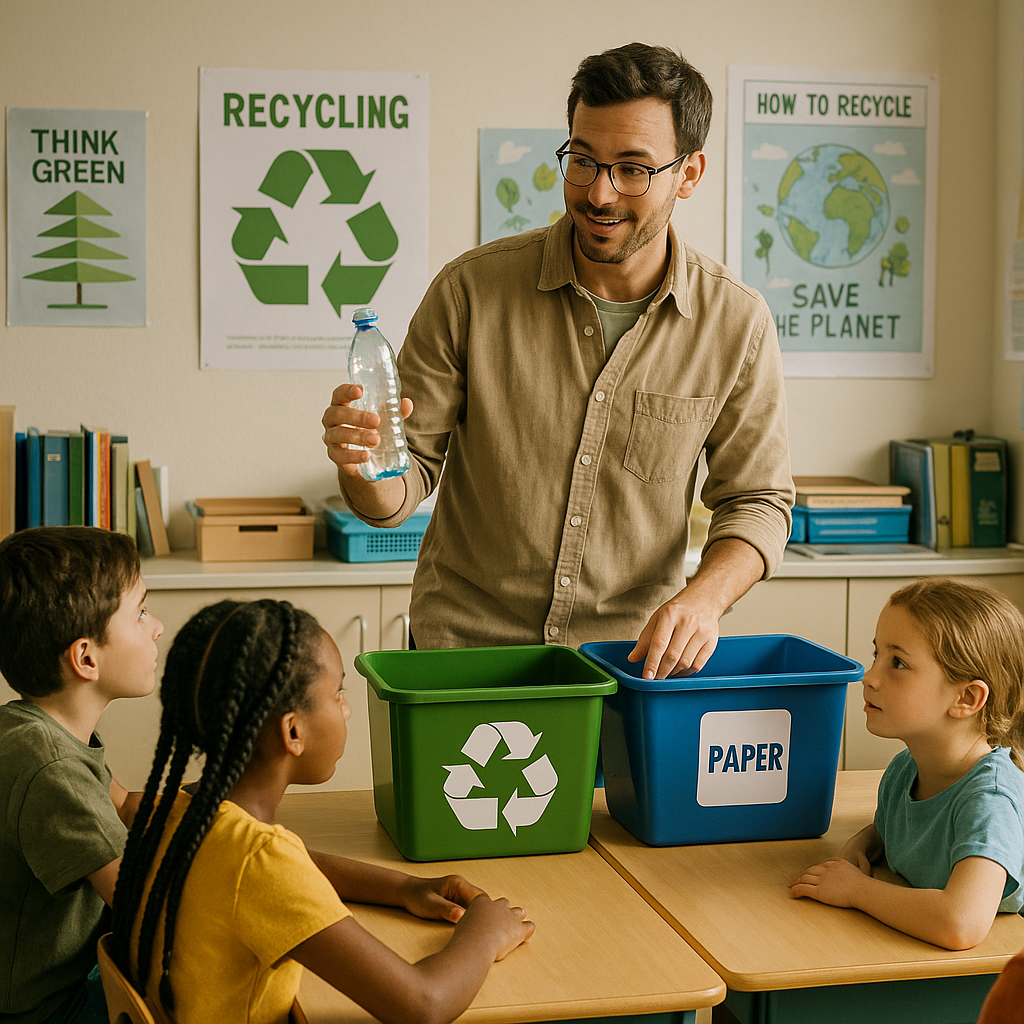 Teacher and Students Sorting Recyclables Teacher showing children how to sort recyclables in a classroom with posters about recycling on the walls