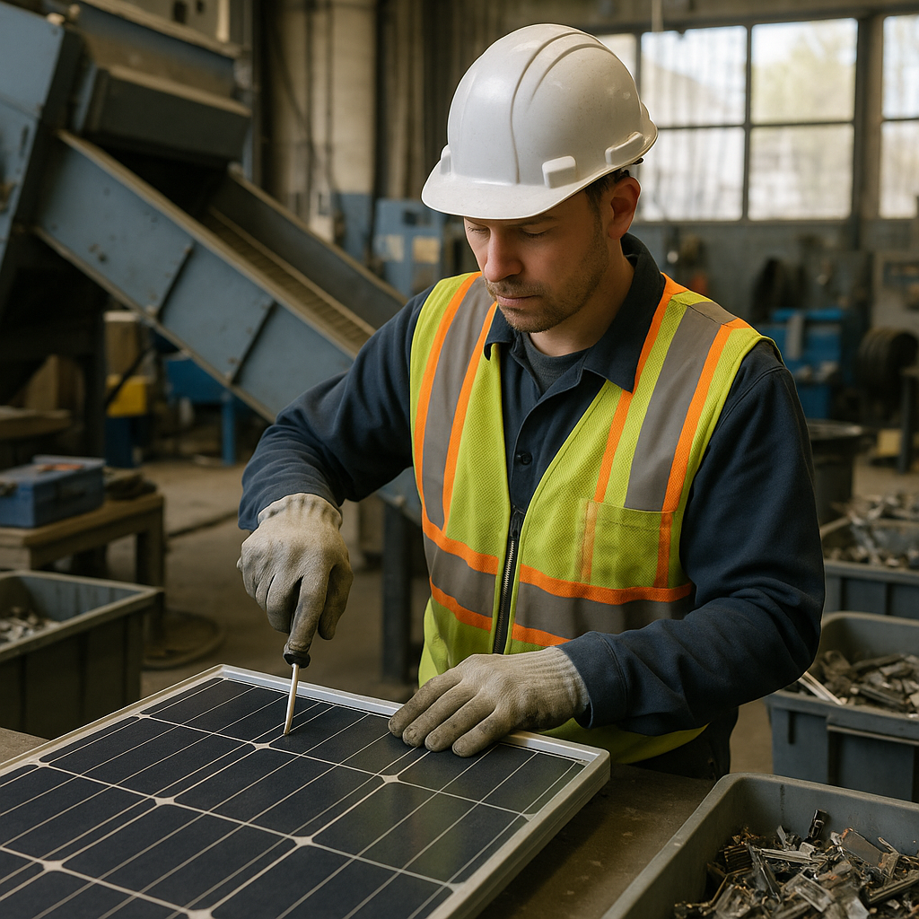 Technician Disassembling Solar Panel in Recycling Facility Technician disassembling a solar panel in a recycling facility, surrounded by sorting machinery.