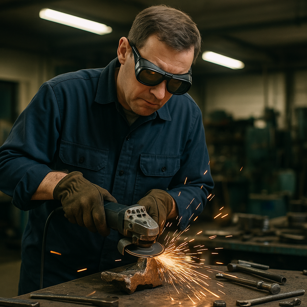 Technician Performing Spark Test on Metal Scrap Technician performing spark test on metal scrap using a grinder, with sparks flying in an industrial workshop while wearing protective goggles.