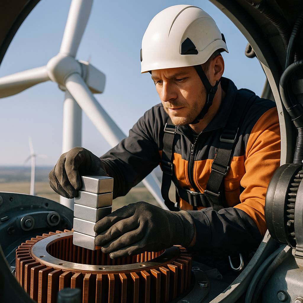 Installation of Powerful Magnets in Wind Turbine Close-up of a technician installing powerful magnets inside a modern wind turbine nacelle with blades spinning against a blue sky.