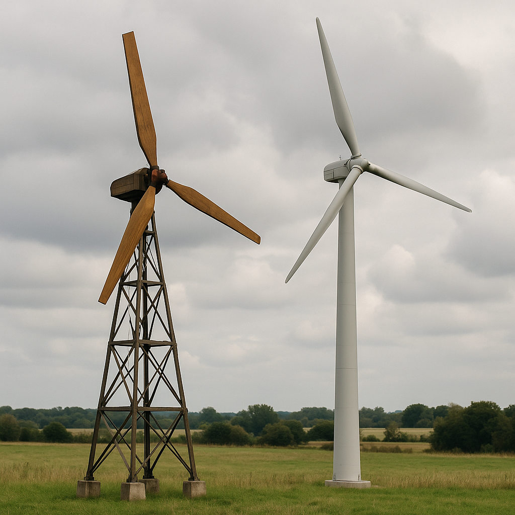 Timeline of Wind Turbines Timeline of wind turbines showcasing an early wooden-bladed turbine and a modern sleek composite turbine in an open field under a cloudy sky.