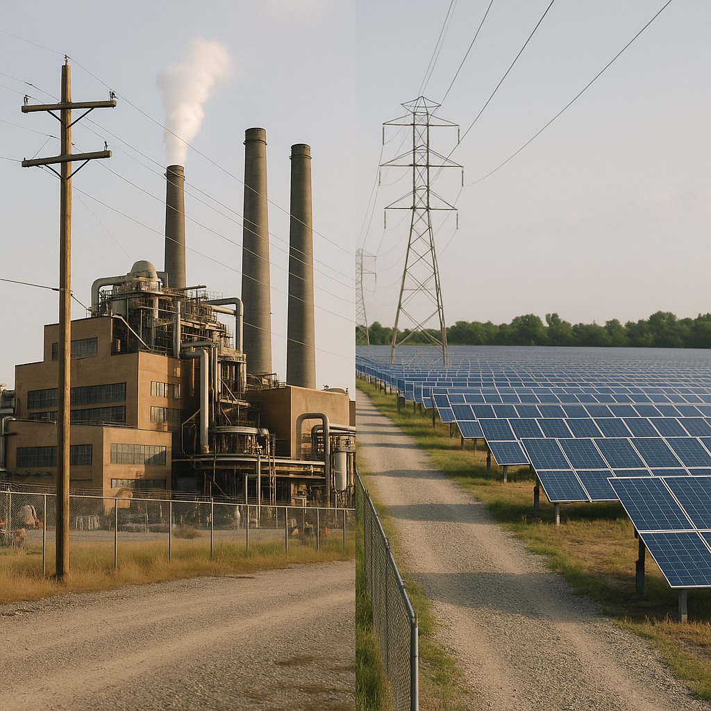 Split-screen image showcasing a traditional power plant on the left and an expansive solar farm on the right with power lines connecting both.