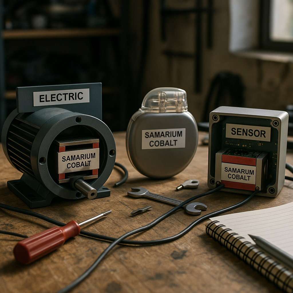 Devices with Samarium Cobalt Magnets on Workbench Workbench displaying an electric motor, a medical device, and a sensor, all featuring samarium cobalt magnets with clear labels.