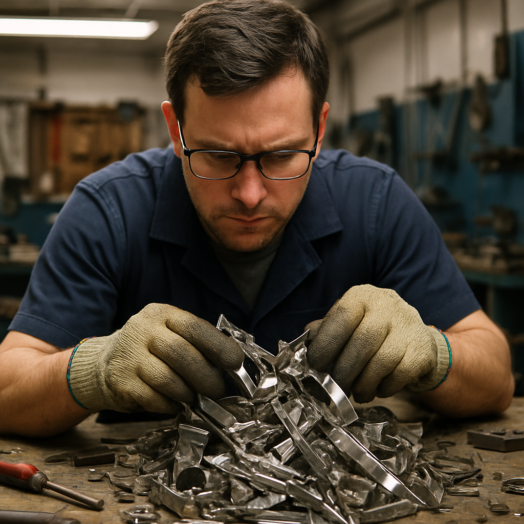 Worker Inspecting Stainless Steel Metal Scraps Worker in safety gloves examining shiny stainless steel pieces among metal scraps in a bright workshop.