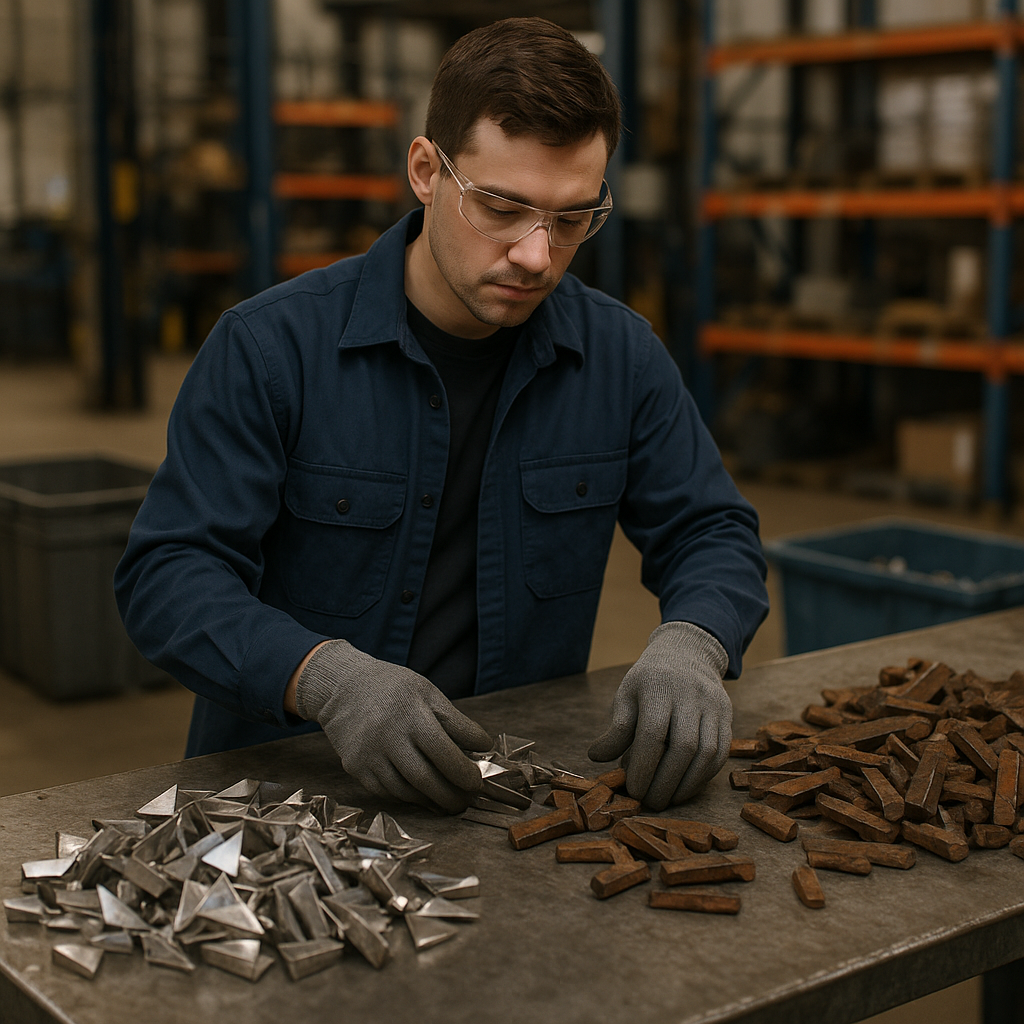 Worker Sorting Scrap Metal Worker wearing gloves examining scrap metal pieces, sorting shiny stainless steel from rusted metal on a sorting table in a well-lit warehouse.