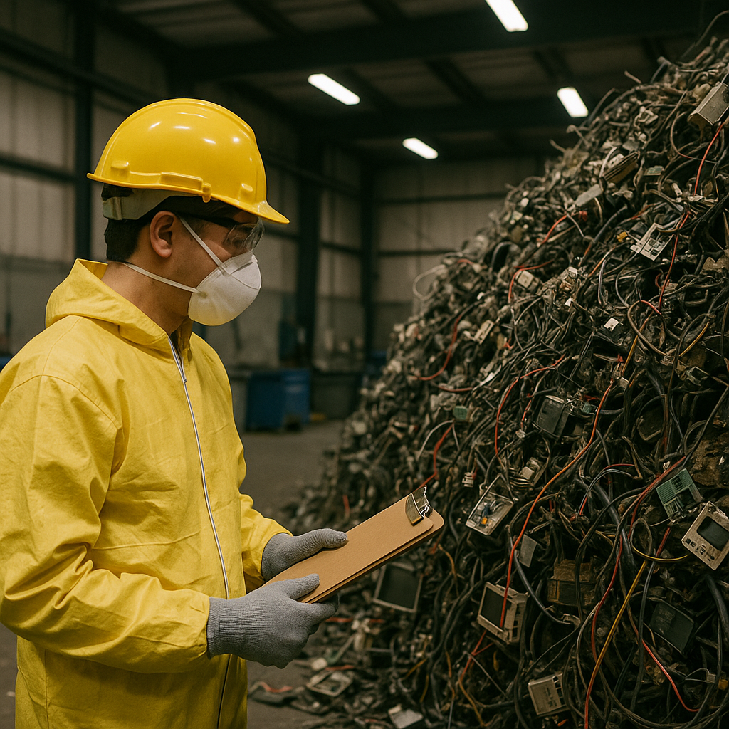 Worker in protective gear facing a complex, tangled electronic waste pile in a recycling facility, highlighting environmental concerns.