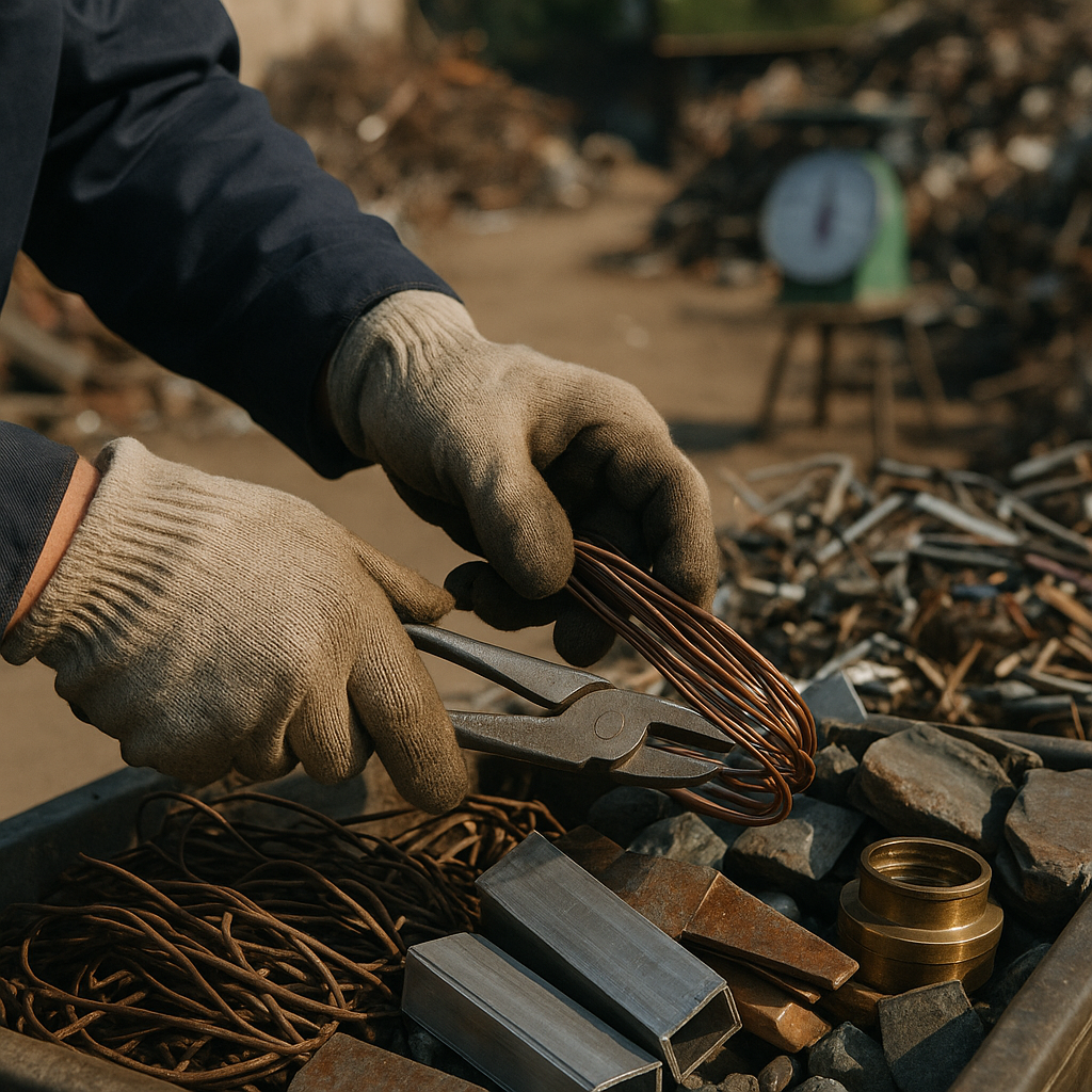 Sorting Scrap Metals in Recycling Yard Close-up of a worker's gloved hands sorting various scrap metals in a recycling yard with scales and metal piles in the background, illuminated by natural daylight.