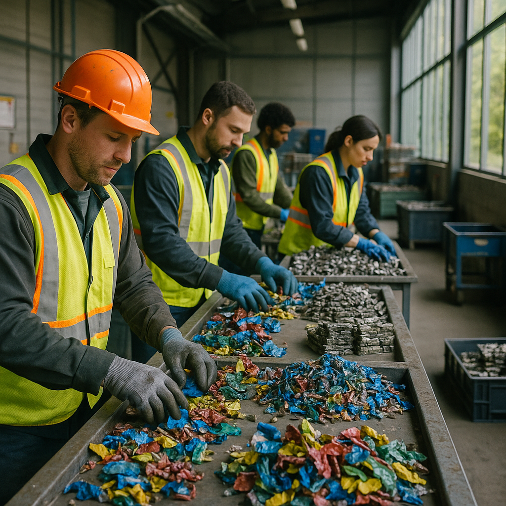Workers sorting colorful metal scraps in recycling facility with lush green forest visible through large windows