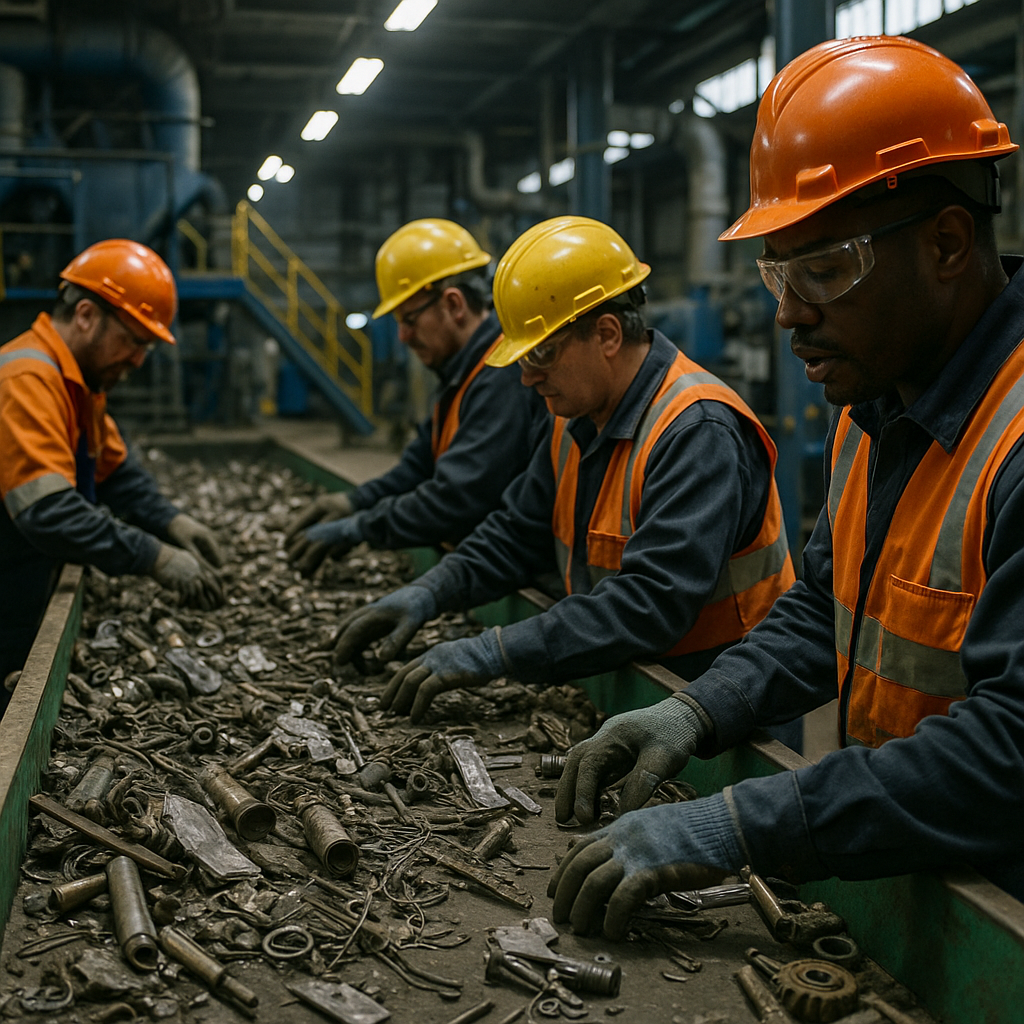 Sorting Scrap Metal in Recycling Plant Workers sorting scrap metal on a conveyor belt in a modern recycling plant with machinery operating in the background.