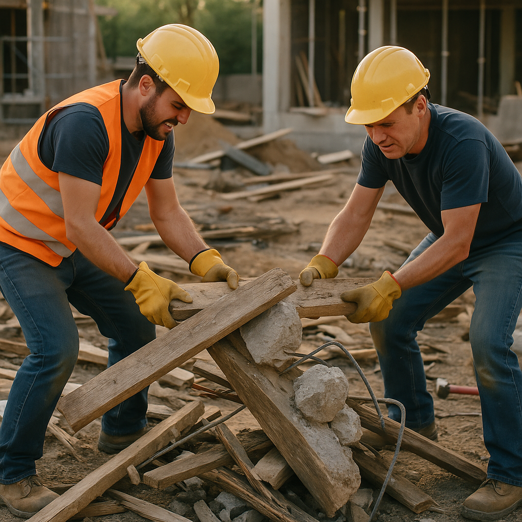 Separating Mixed Debris in Construction Workers struggling to separate mixed debris, including wood, concrete, and metal, in a cluttered construction area.
