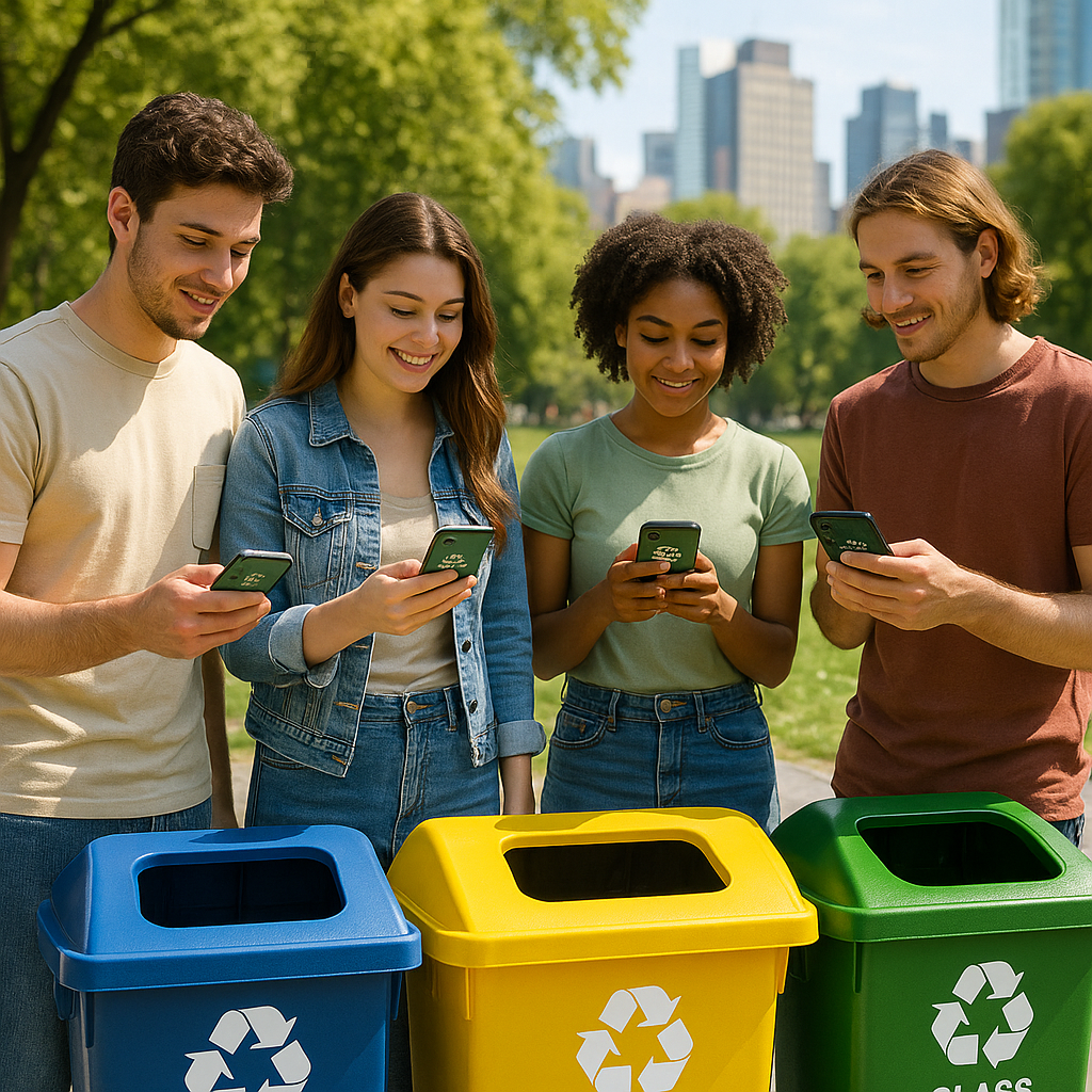 Recycling App in City Park Young adults using a recycling app on smartphones while standing next to public recycling bins in a city park.