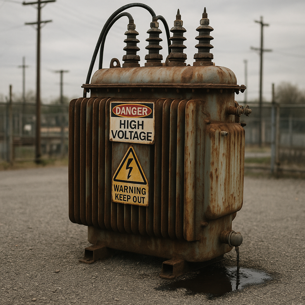 Aged Power Transformer in Industrial Setting Aged power transformer on a gravel lot with signs of rust, oil stains, and leaking fluid under an overcast sky in a realistic industrial setting.
