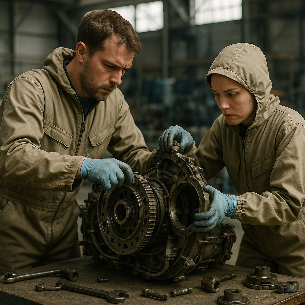 Technicians Working on Aircraft Engine Technicians working to separate complex metal components from a worn aircraft engine with focused expressions and machinery in the background.