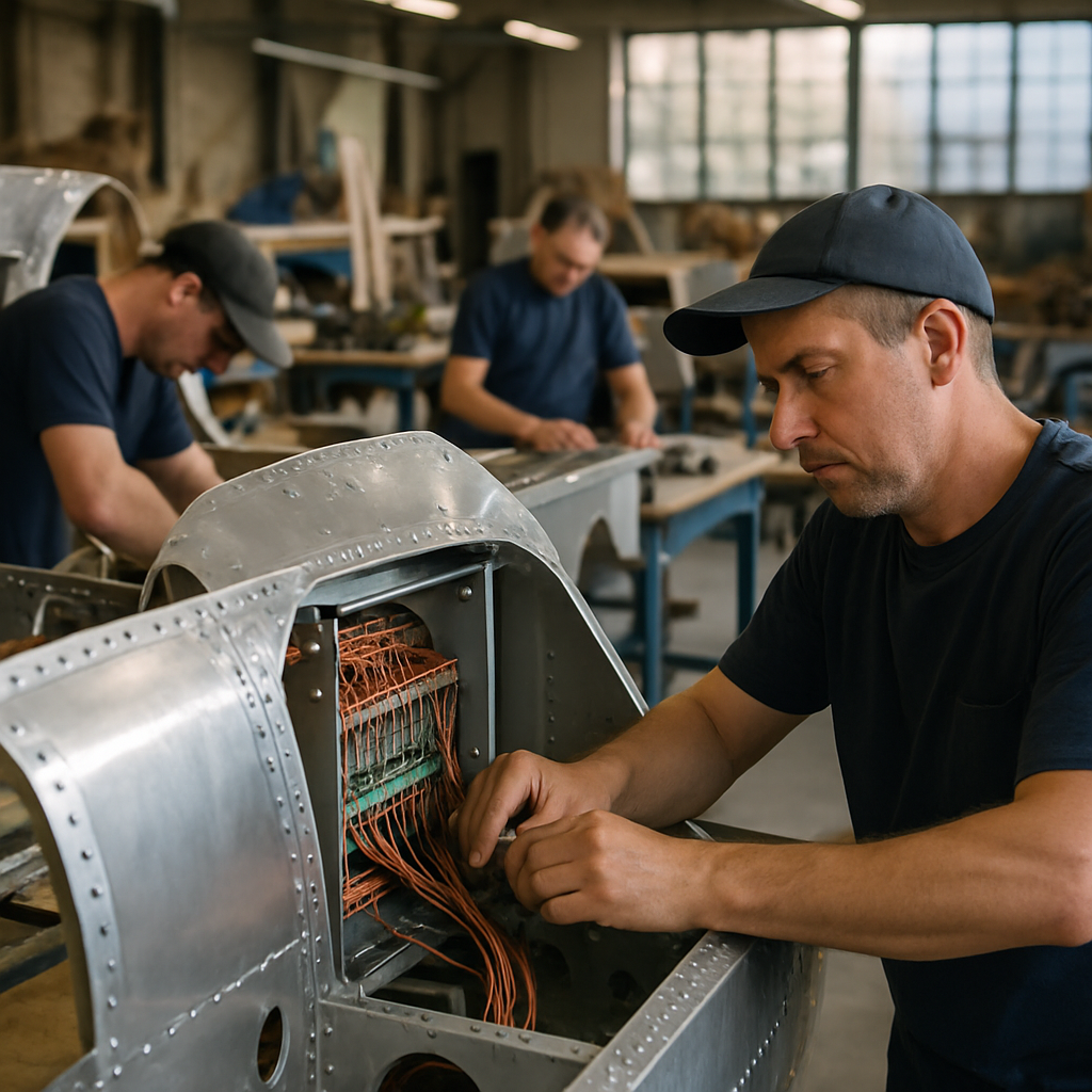 Assembly of Aircraft Parts in Industrial Workshop Workers assembling aircraft parts with aluminum skins and copper wires in a busy industrial workshop.