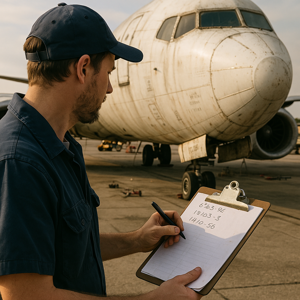 Technician Inspecting Retired Airplane Technician inspecting a retired airplane on the tarmac with a clipboard in natural daylight.