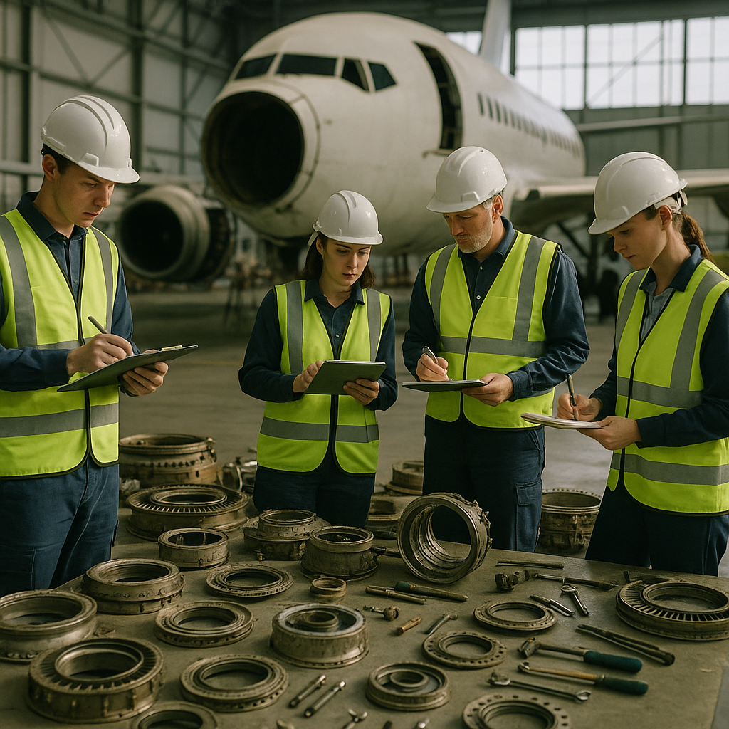 Technicians Inspecting Airplane Parts in Hangar Technicians in safety vests inspecting and cataloging airplane parts in a large hangar with a disassembled jet in the background.