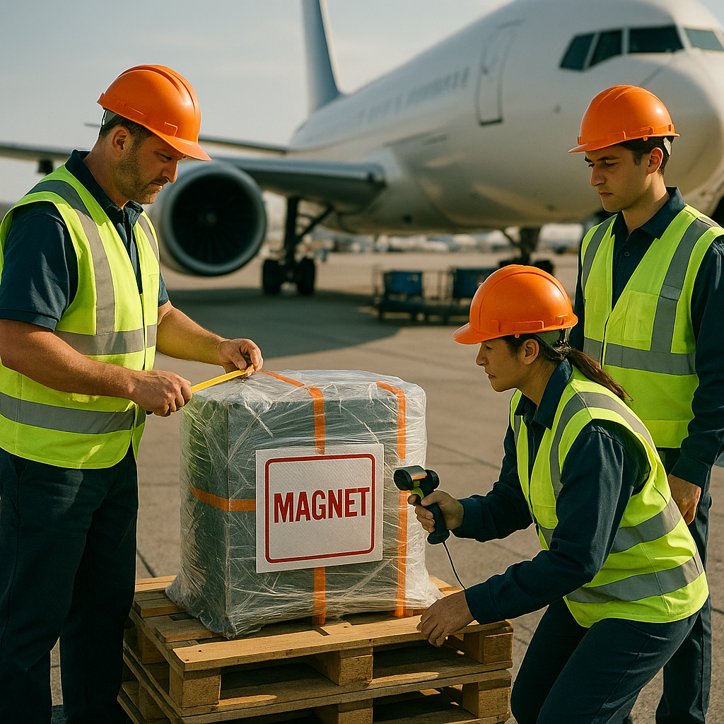 Airport cargo staff inspecting a large magnet encased in safety wrapping on the airport tarmac.