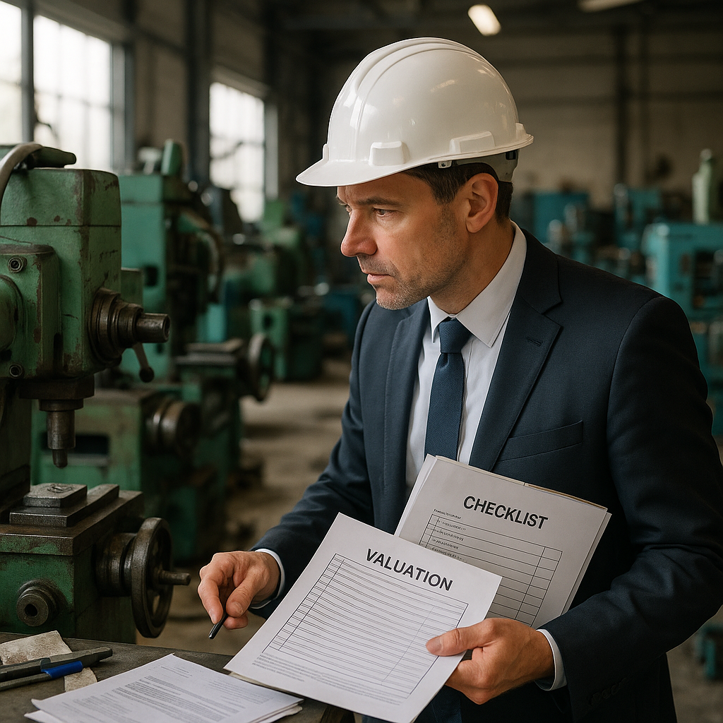 Appraiser Examining Industrial Machinery Appraiser examining industrial machinery with checklists and valuation documents in a bright warehouse setting.