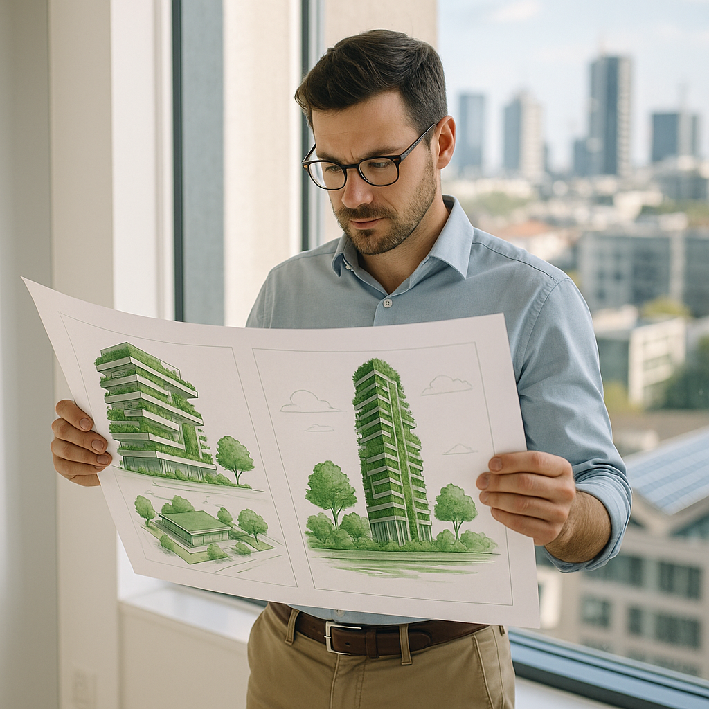 Architect Examining Blueprints of Green Buildings Architect examining blueprints for green buildings in a bright office with a city skyline view featuring cranes and solar panels.