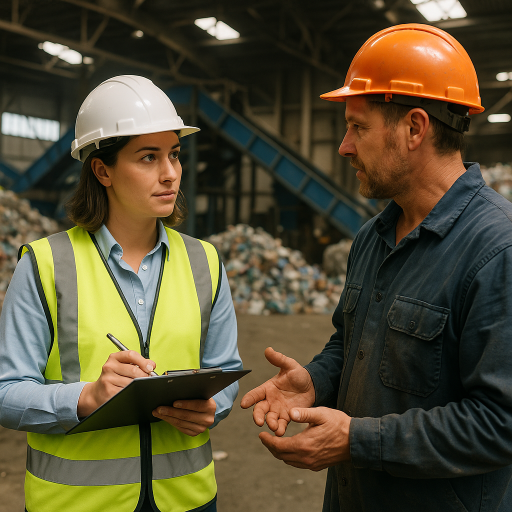 Auditor Inspecting Recycling Facility Auditor in safety vest inspecting recycling facility with clipboard, talking to facility worker among sorting machines and recyclables