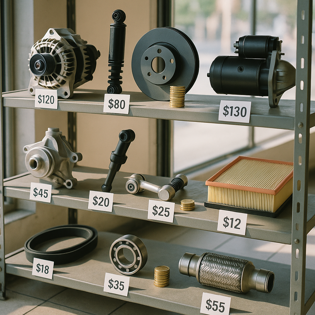 Organized Auto Parts Display Auto parts neatly organized on shelves with visible price tags and coins stacked beside parts in a well-lit storefront.